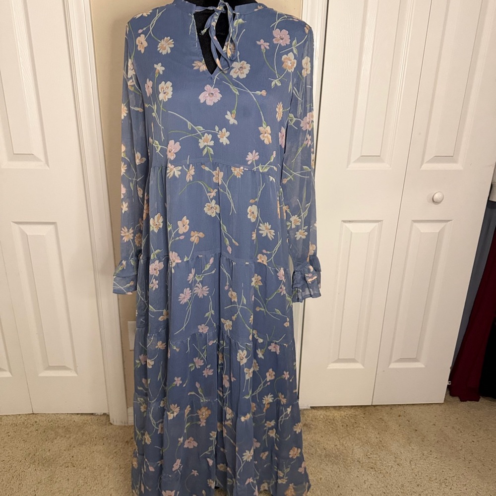 Patrons of Peace Long Sleeve Floral Blue Dress